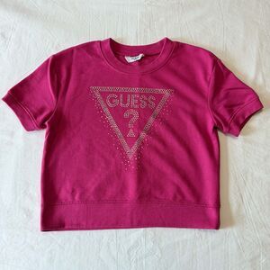 GUESS Kids Girls Crop Sweatshirt 10/12 Hot Pink Rhinestone Logo Short Sleeve